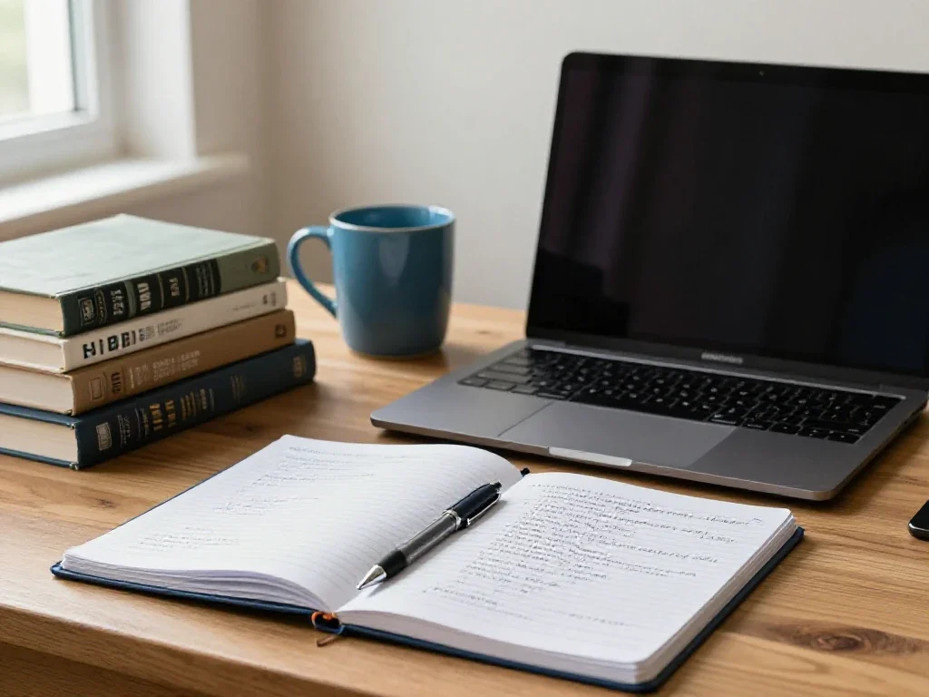 Espace de travail ordonné avec un carnet annoté pour une étude approfondie et sereine.