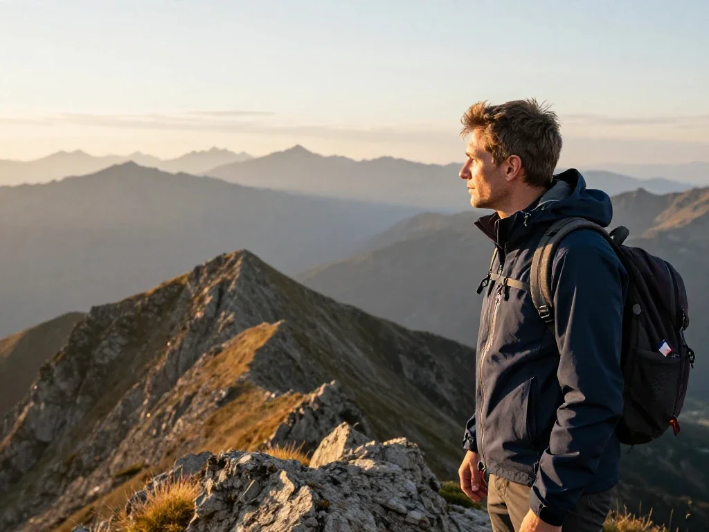 Un voyageur contemple un panorama montagneux à l'aube pour illustrer une compréhension globale et précise.